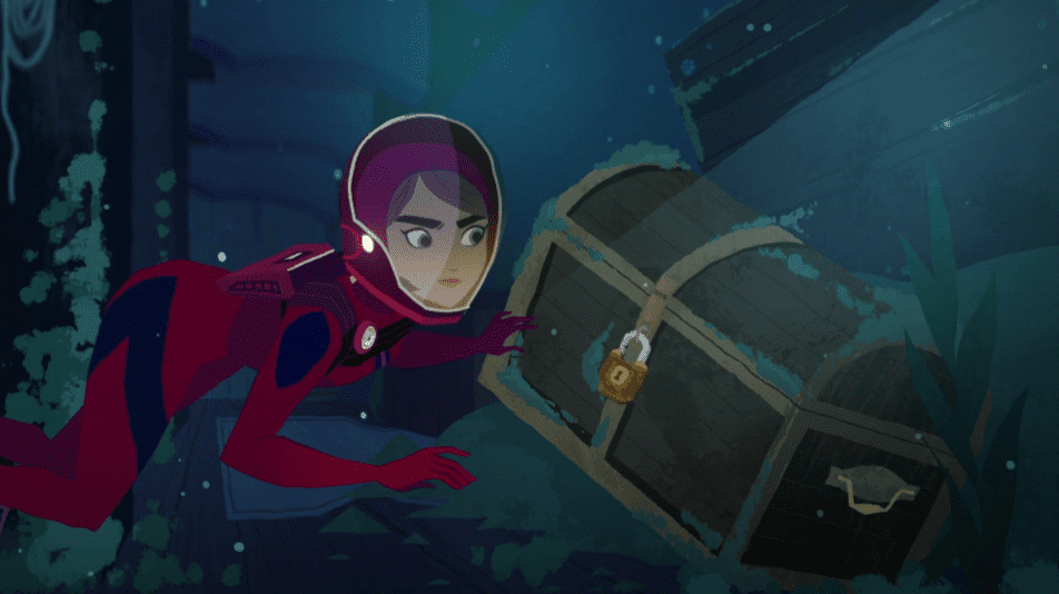 A girl finds a treasure chest while scuba diving in this image from Netflix