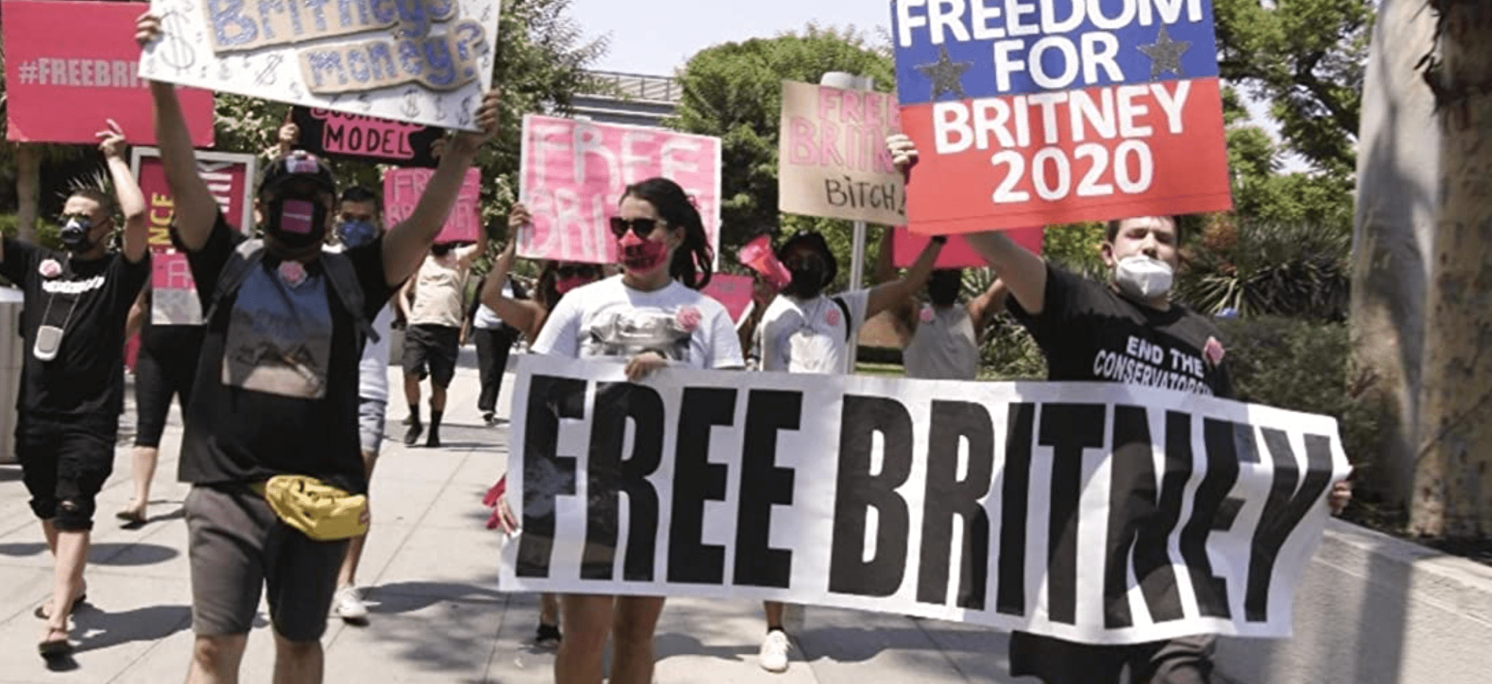 Protesters demand Britney Spears’ independence in this image from Hulu 