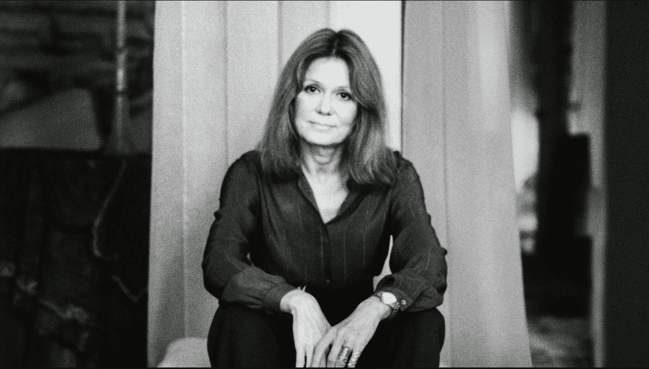 A black-and-white photograph of Gloria Steinem from HBO Max 