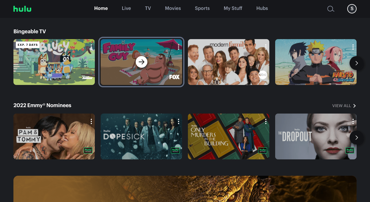 Hulu's on-demand menu as seen on Mac